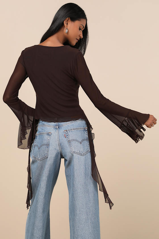 Whimsical Essence Dark Brown Ruffled Tie-Front Bell Sleeve Top 3