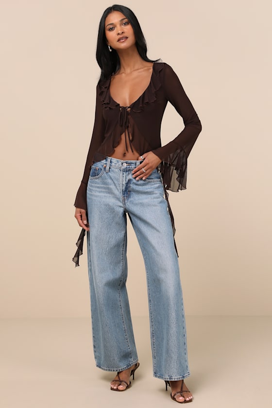 Dark Brown Mesh Top - Ruffled Tie-Front Top - Bell Sleeve Top - Lulus