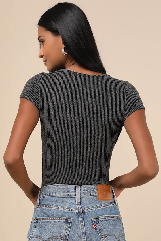 LULUS REQUIRED STYLE CHARCOAL TEXTURED RIBBED RUCHED BODYSUIT