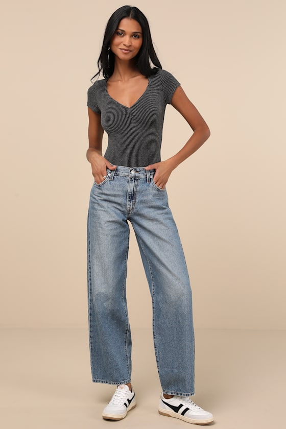 LULUS REQUIRED STYLE CHARCOAL TEXTURED RIBBED RUCHED BODYSUIT