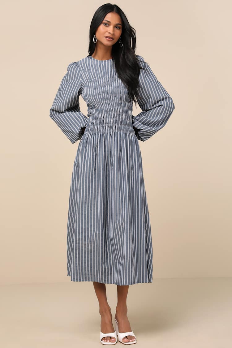 ayla knit dress extro&vert - Blue Striped Dress - Blouson Sleeve Midi searchable:Mini Dresses