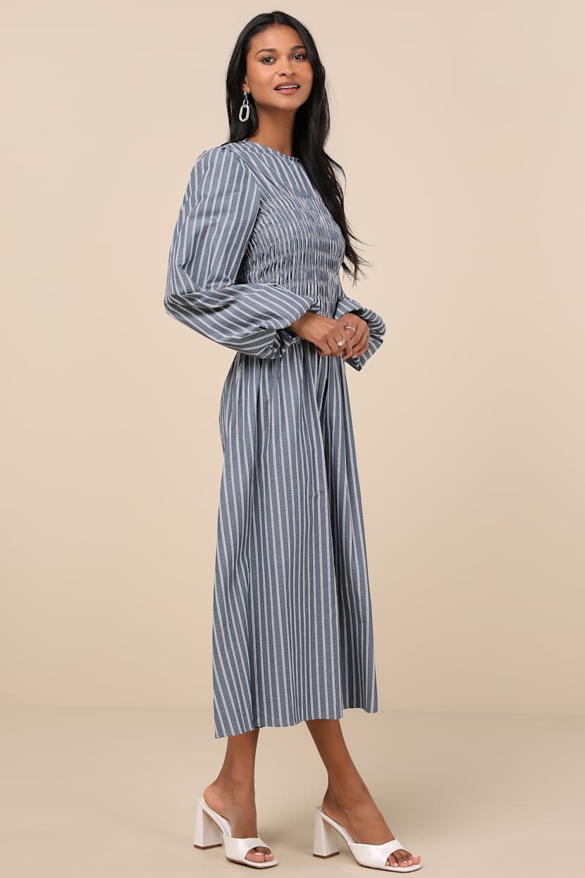 extro&vert Ayla Dress - Blue Striped Dress - Blouson Sleeve Midi - Lulus