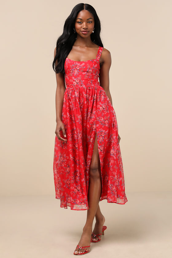 Lulus Francesca Red Floral Sleeveless Midi Dress In Red