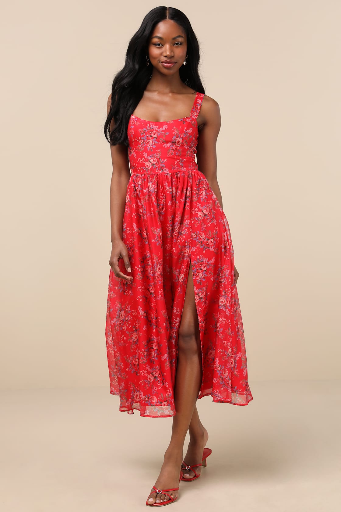 Francesca Red Floral Sleeveless Midi Dress