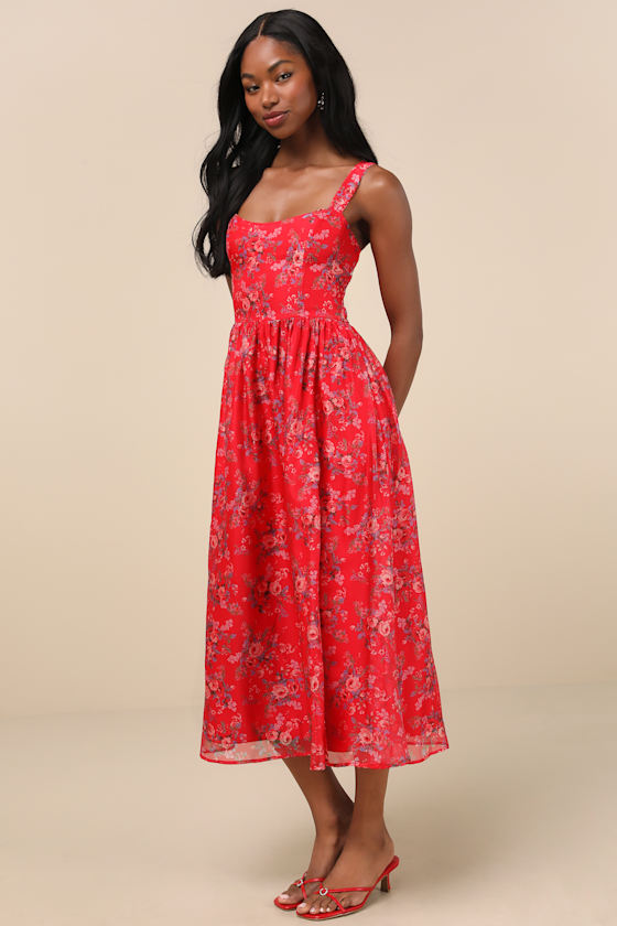 Lulus Francesca Red Floral Sleeveless Midi Dress In Red