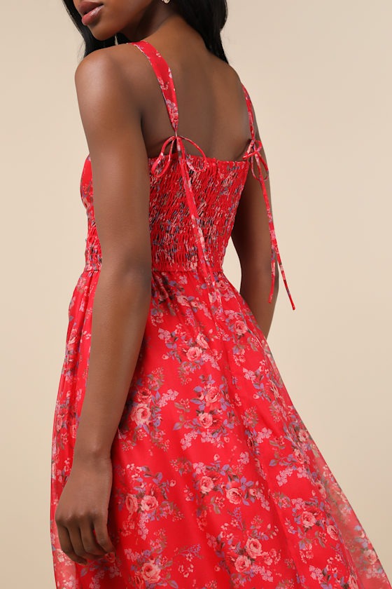 Lulus Francesca Red Floral Sleeveless Midi Dress In Red