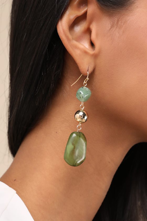 LULUS JORDANN GREEN STONE DROP EARRINGS