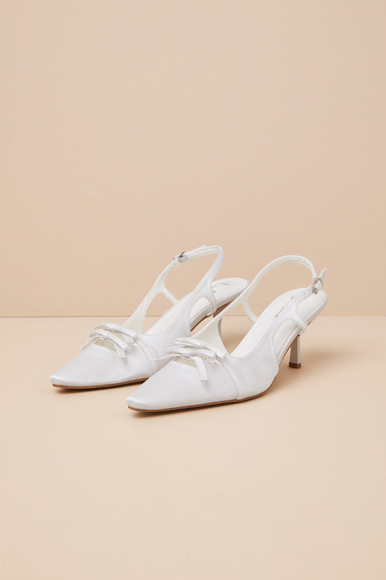 Jeneva White Satin Pointed-Toe Slingback Pumps 4