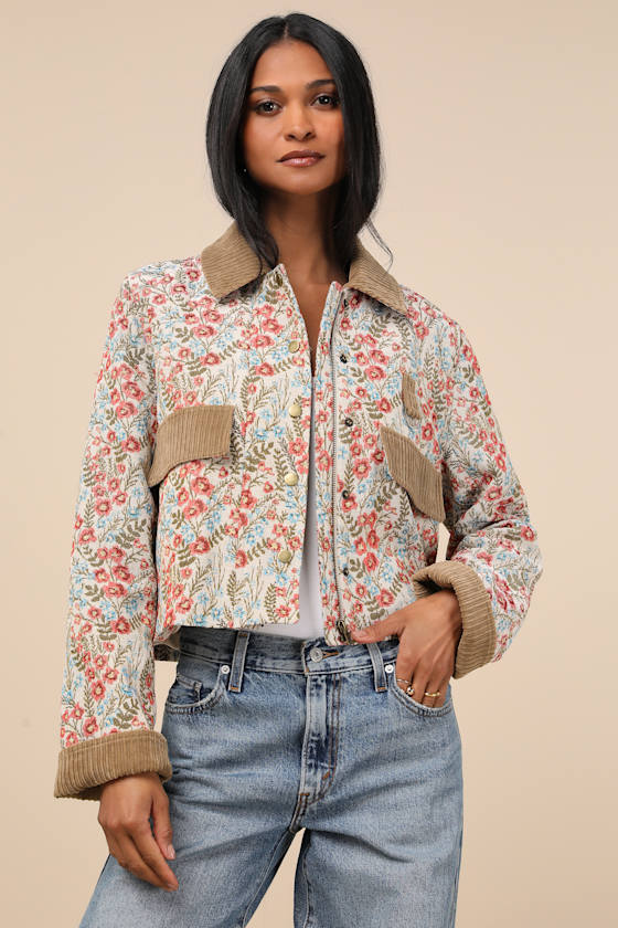 Beige Floral Jacquard Jacket - Collared Jacket - Cropped Jacket