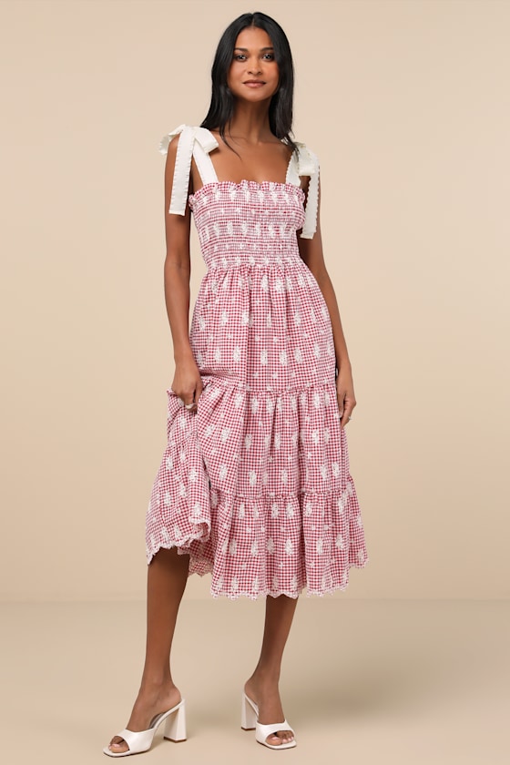 Jacquie The Label Isabella Red Gingham Embroidered Tiered Midi Dress In Red