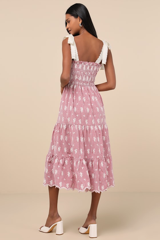 Jacquie The Label Isabella Red Gingham Embroidered Tiered Midi Dress In Red