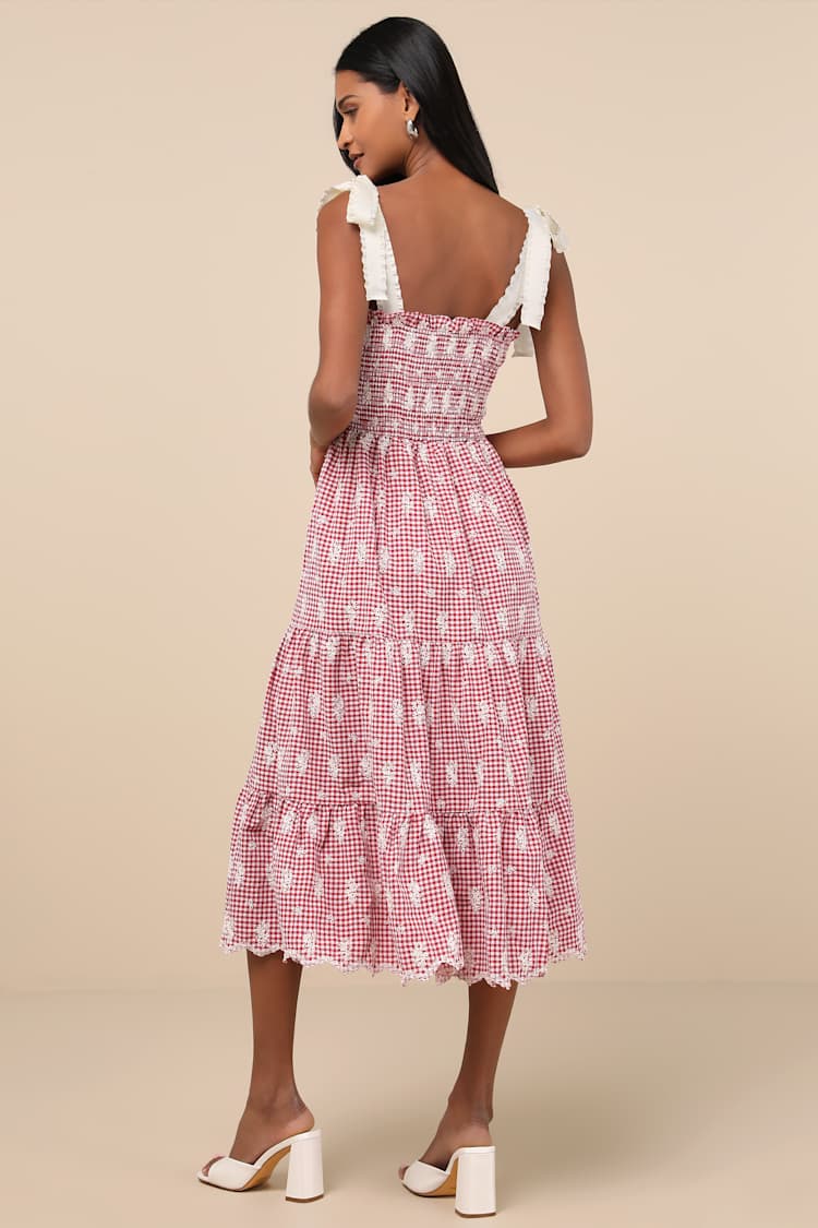 Isabella Red Gingham Embroidered Tiered Midi Dress