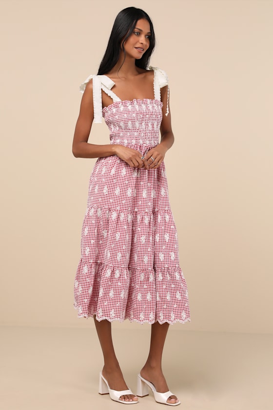 Jacquie The Label Isabella Red Gingham Embroidered Tiered Midi Dress In Red