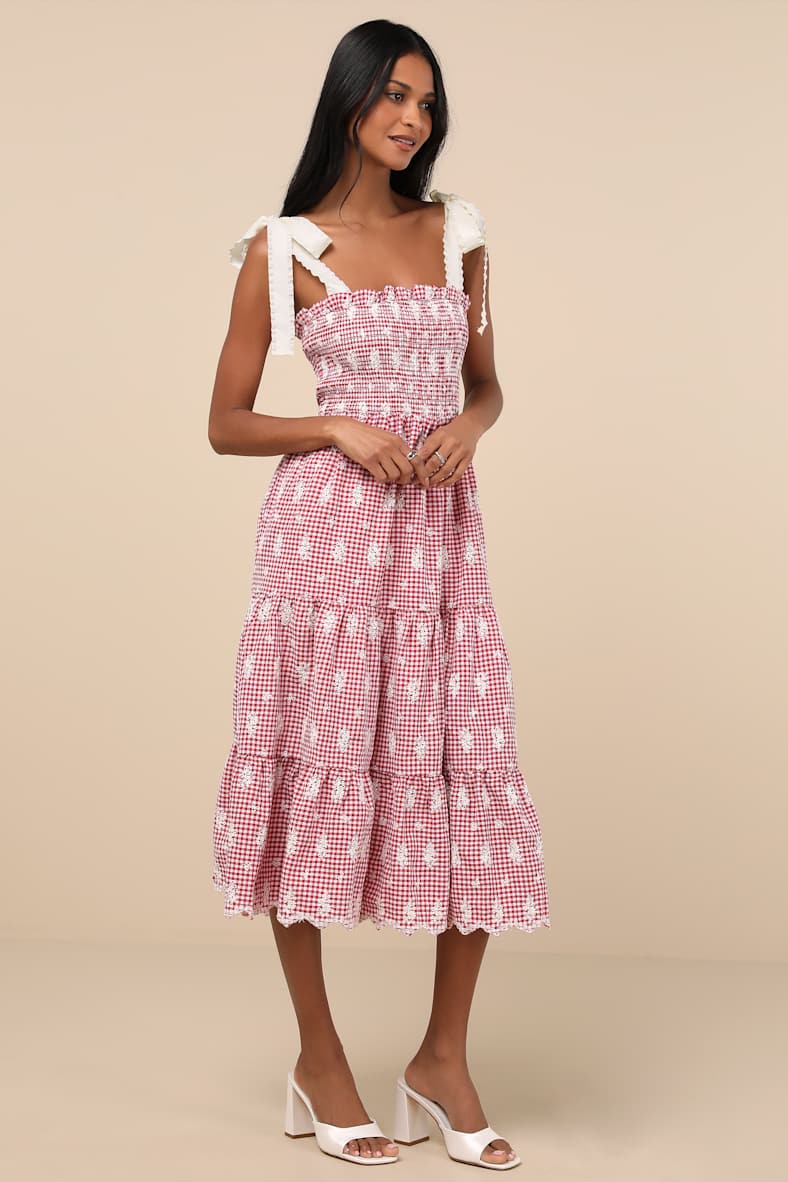 Isabella Red Gingham Embroidered Tiered Midi Dress