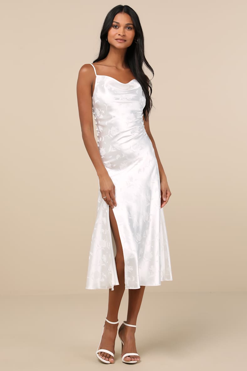 All About You White Floral Jacquard Satin Midi Dress