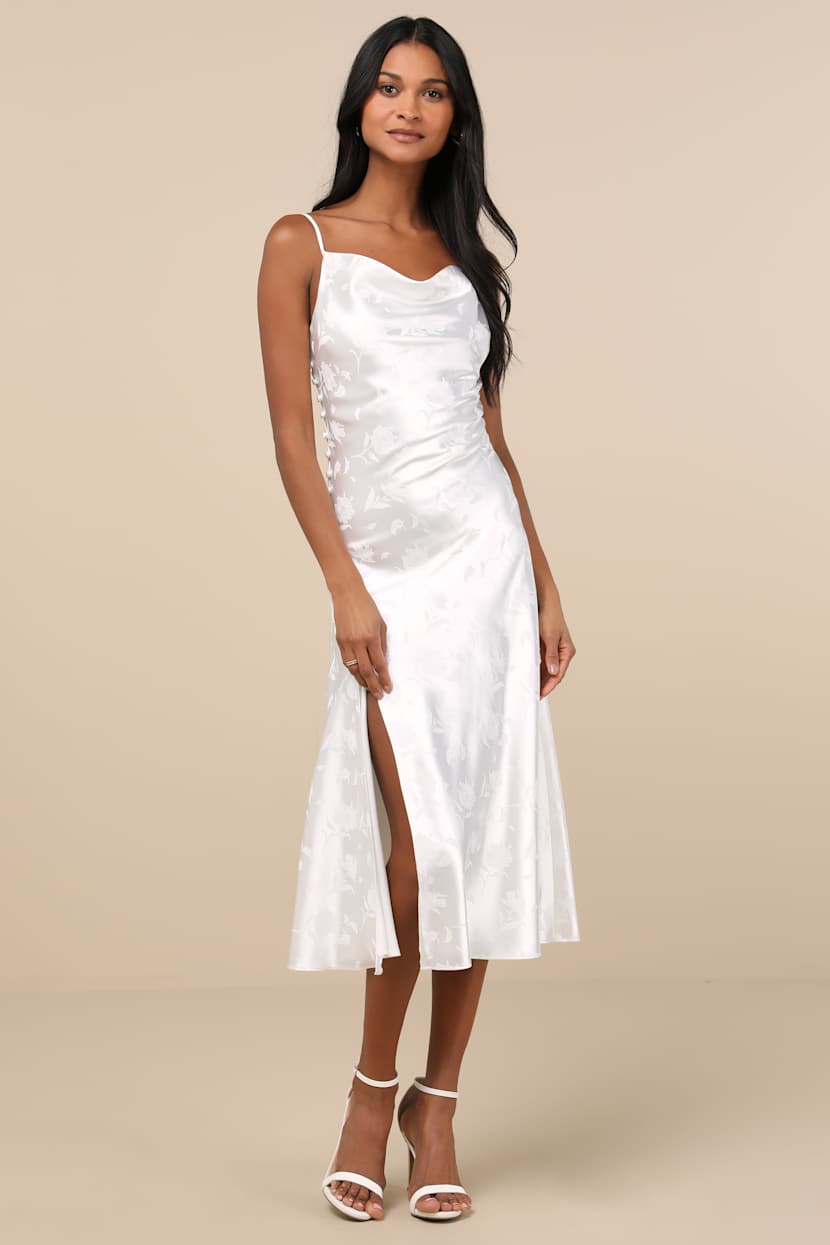 White Midi Dress - Cowl Satin Dress - Floral Jacquard Midi Dress - Lulus