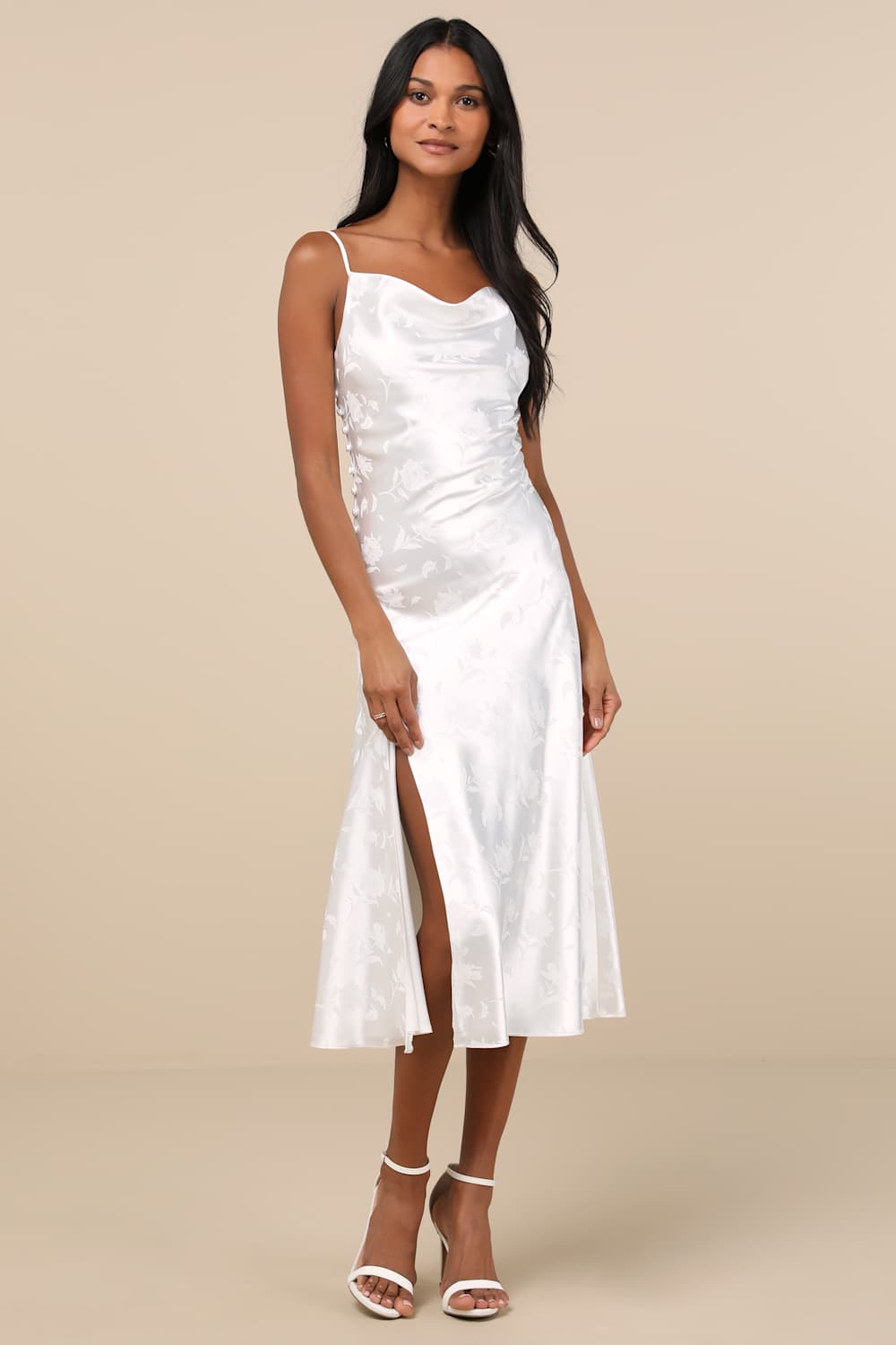 All About You White Floral Jacquard Satin Midi Dress