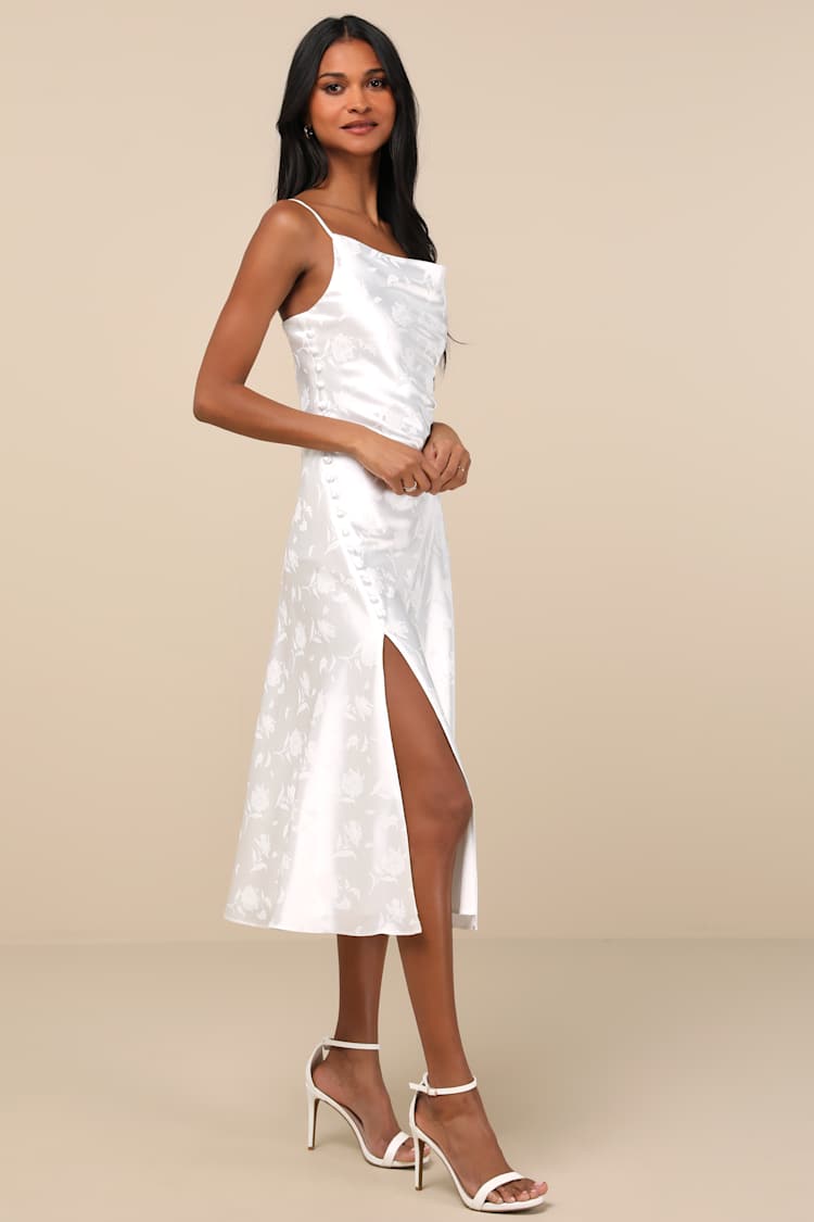 White Midi Dress - Cowl Satin Dress - Floral Jacquard Midi Dress