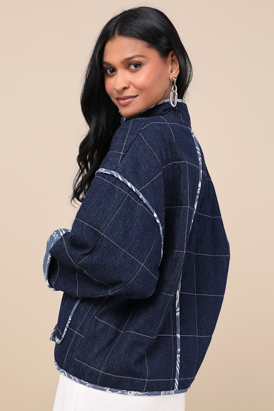 Lulus Cutest Preference Dark Wash Denim Mixed Media Quilted Jacket In Blue