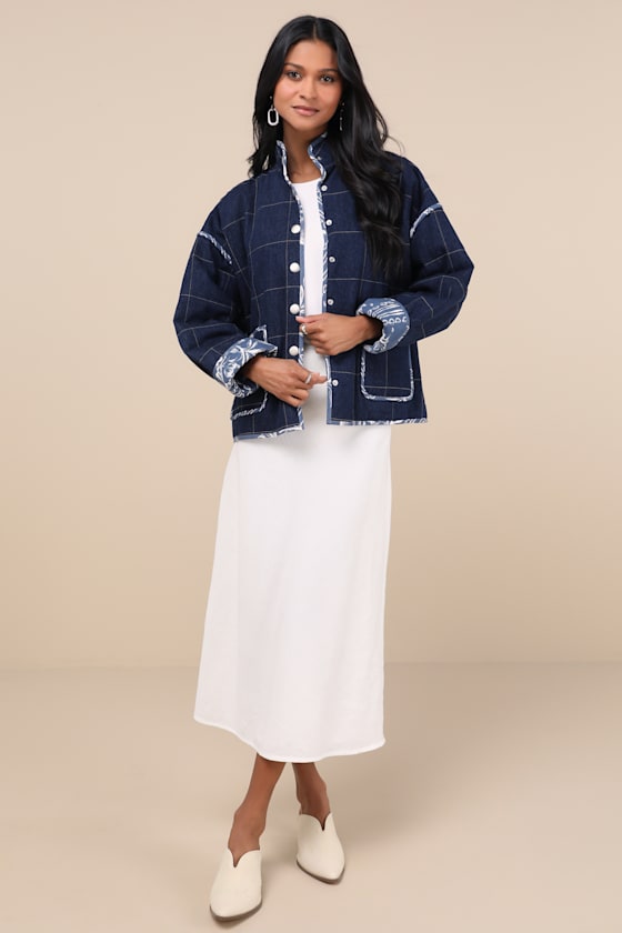 Lulus Cutest Preference Dark Wash Denim Mixed Media Quilted Jacket In Blue