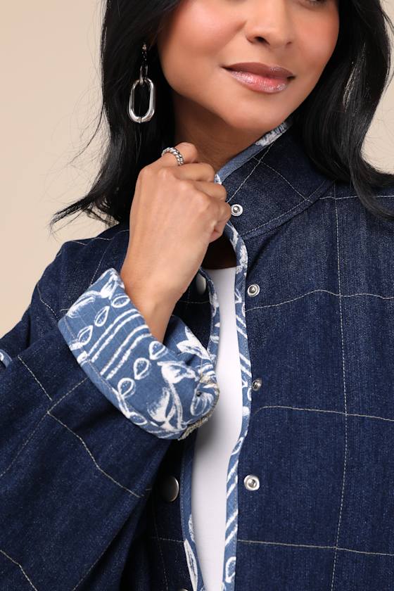 Lulus Cutest Preference Dark Wash Denim Mixed Media Quilted Jacket In Blue