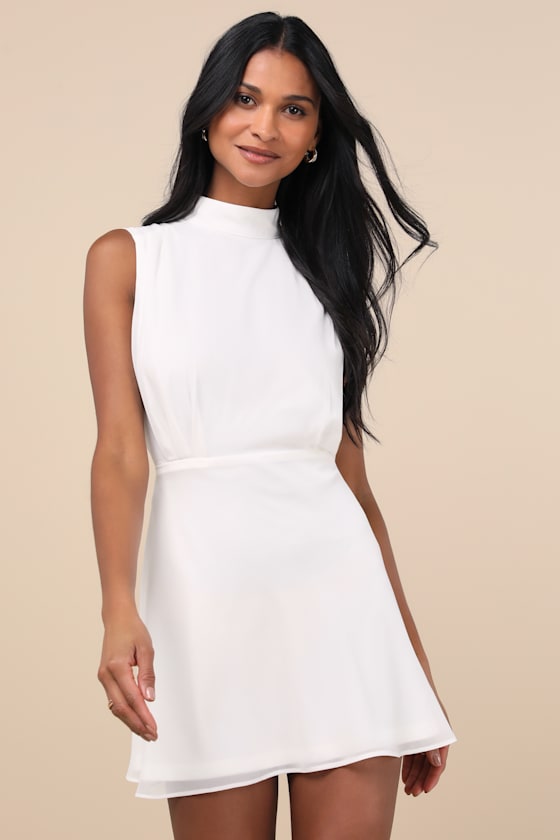 Lulus Classic Elegance White Chiffon Sleeveless Mock Neck Mini Dress In White