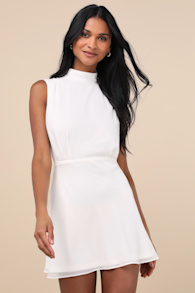 Classic Elegance White Chiffon Sleeveless Mock Neck Mini Dress 1