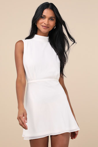 Classic Elegance White Chiffon Sleeveless Mock Neck Mini Dress 1