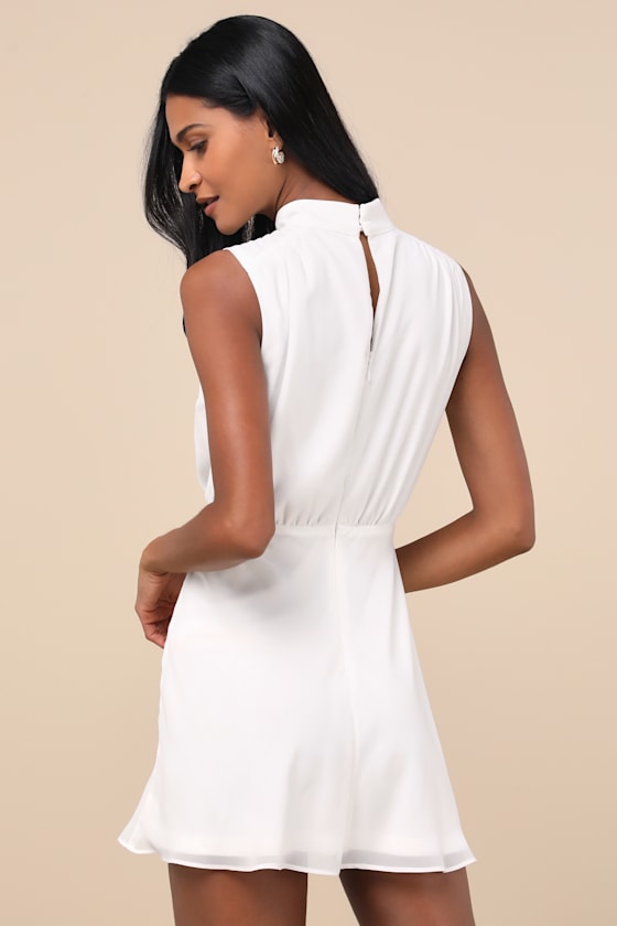 Lulus Classic Elegance White Chiffon Sleeveless Mock Neck Mini Dress In White