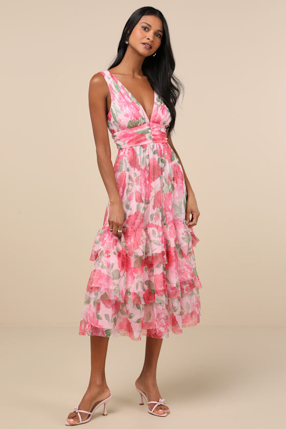Shop Lulus Perfectly Divine Pink Floral Tulle Tiered Ruffled Midi Dress