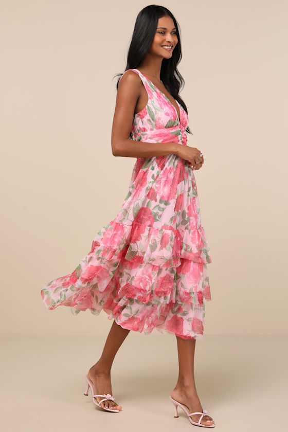 Shop Lulus Perfectly Divine Pink Floral Tulle Tiered Ruffled Midi Dress