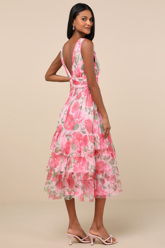 Shop Lulus Perfectly Divine Pink Floral Tulle Tiered Ruffled Midi Dress