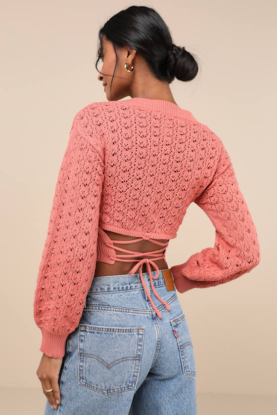 Lulus Always All Mine Dusty Rose Lace-up Cropped Pointelle Sweater In Dusty Rose