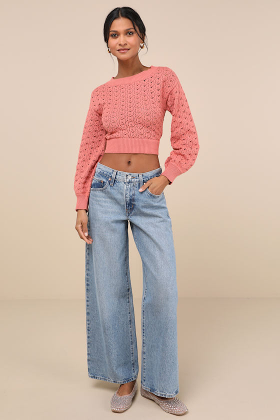 Lulus Always All Mine Dusty Rose Lace-up Cropped Pointelle Sweater In Dusty Rose