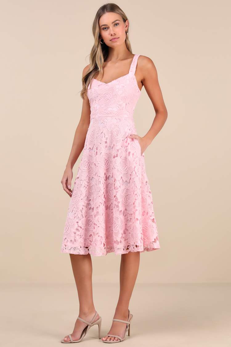 knee length dresses for ladies Margaret Light Pink Floral Crochet Midi Dress, L / Pink main image 0