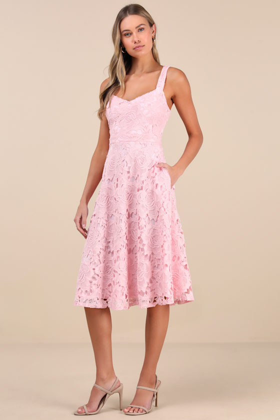 Divine Beauty Blush Pink Lace Midi Dress With Pockets 1