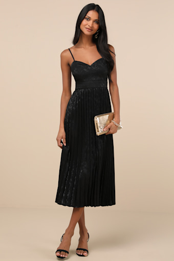 Regal Romance Black Floral Jacquard Pleated Satin Midi Dress 2