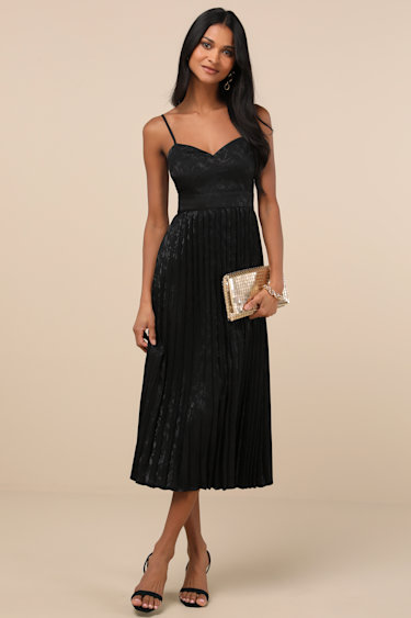 Regal Romance Black Floral Jacquard Pleated Satin Midi Dress