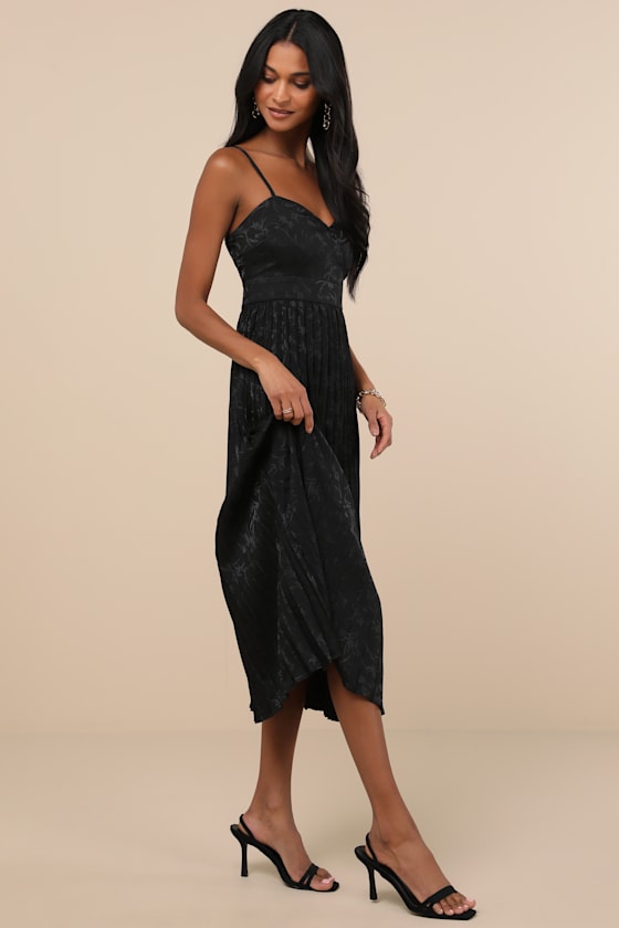 Black Satin Dress - Pleated Midi Dress - Floral Jacquard Dress - Lulus