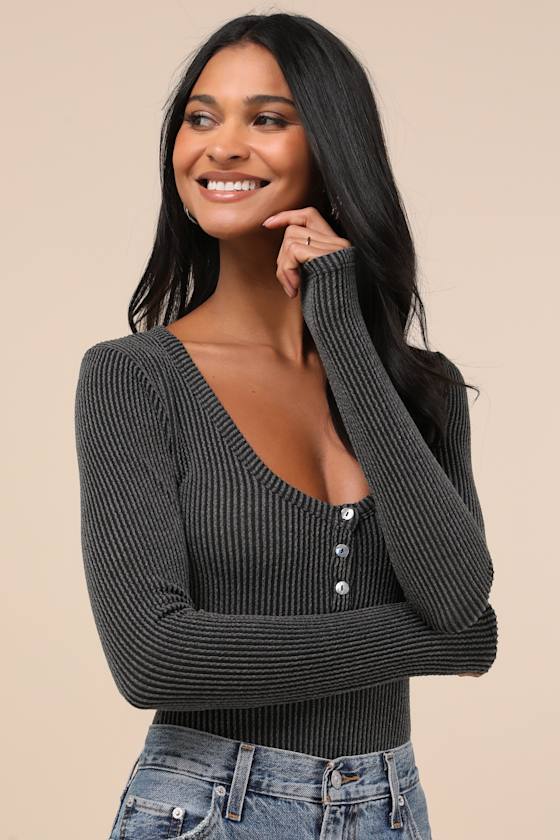 Pursuing Sweetness Charcoal Textured Ribbed Henley Bodysuit 2
