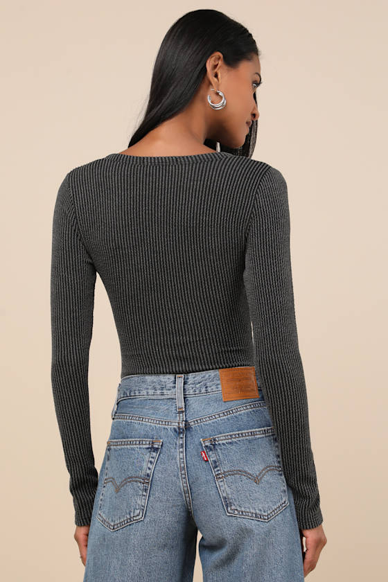 Shop Lulus Pursuing Sweetness Charcoal Textured Ribbed Henley Bodysuit In Grey