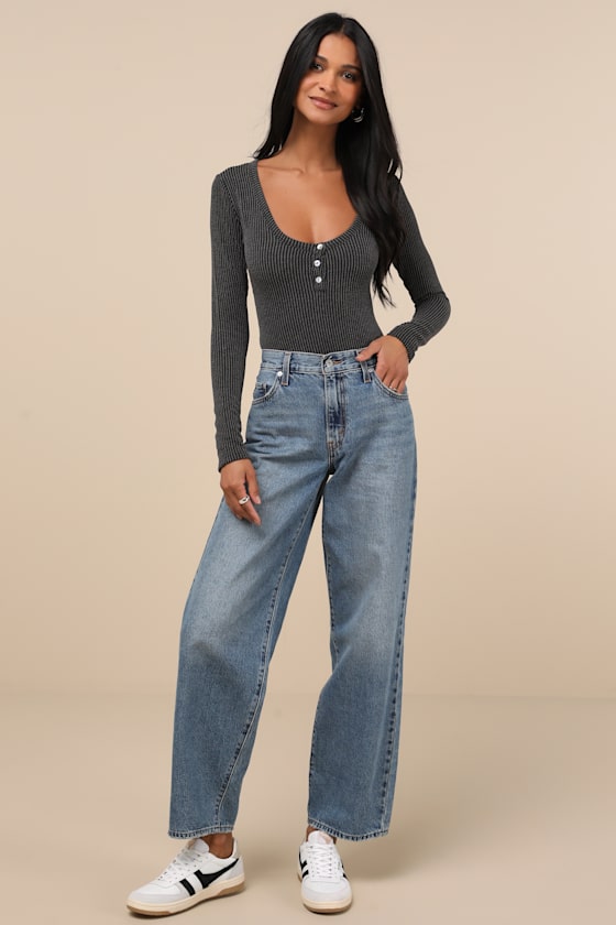 Shop Lulus Pursuing Sweetness Charcoal Textured Ribbed Henley Bodysuit In Grey