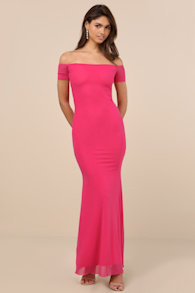 Faizah Hot Pink Mesh Off-the-Shoulder Mermaid Maxi Dress