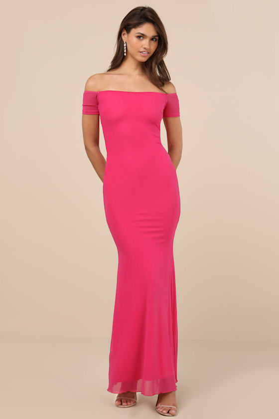 Faizah Pink Mesh Off-the-Shoulder Mermaid Maxi Dress 1