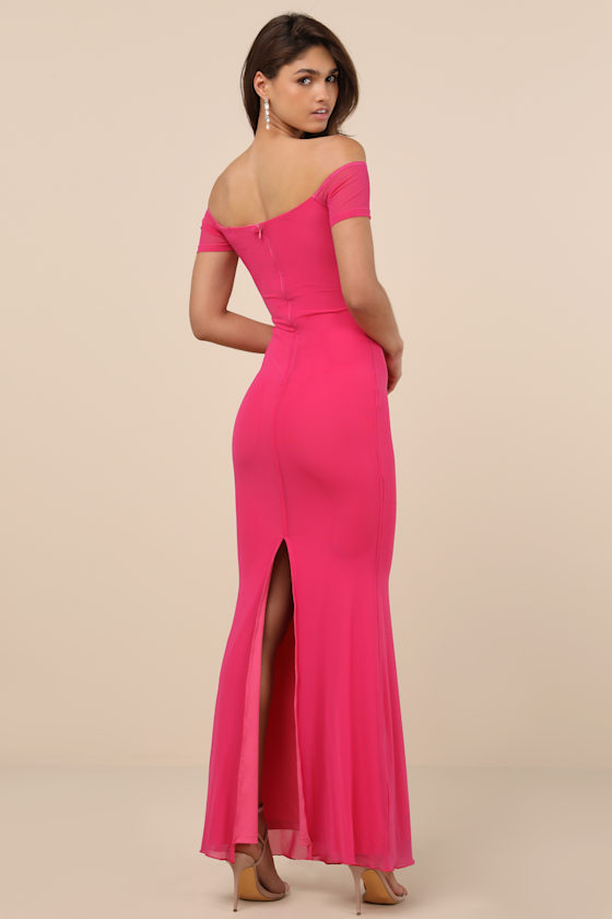 Lulus Faizah Hot Pink Mesh Off-the-shoulder Mermaid Maxi Dress In Hot Pink