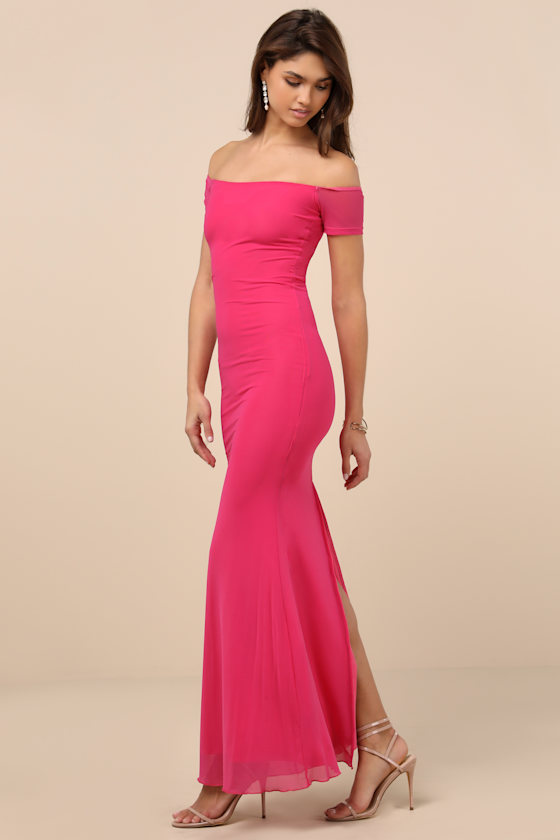 Lulus Faizah Hot Pink Mesh Off-the-shoulder Mermaid Maxi Dress In Hot Pink