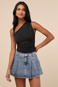 Ikuko Black Asymmetrical Ruched Sleeveless Top