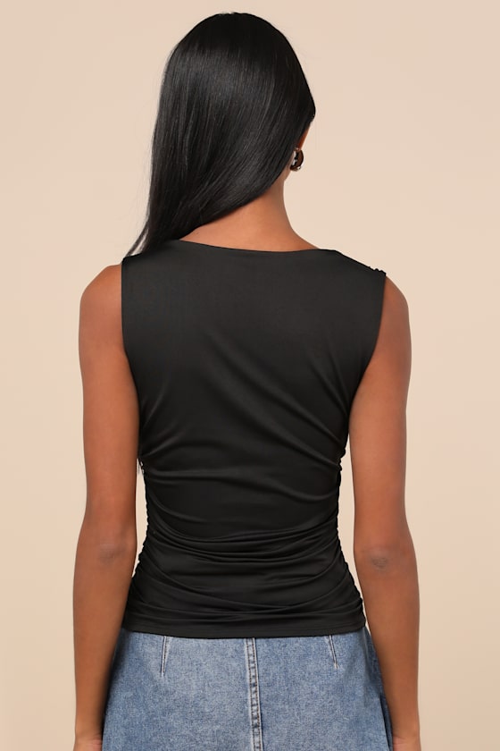 Lulus Ikuko Black Asymmetrical Ruched Sleeveless Top In Black