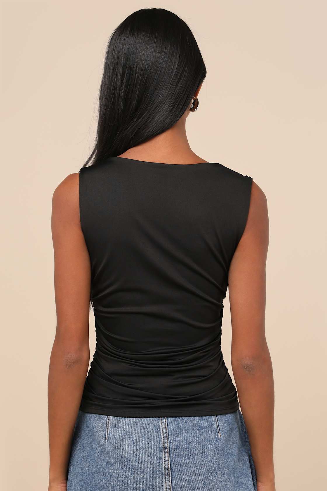 Ikuko Black Asymmetrical Ruched Sleeveless Top