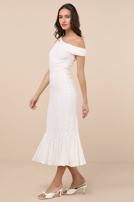 Lulus Nadie White Lace Asymmetrical Midi Dress In White